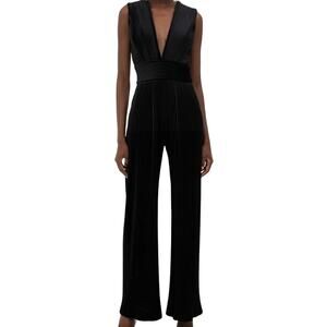 Balmain Black Pleated Velvet Sleeveless Jumpsuit size FR 38 Plunging V Wide-leg